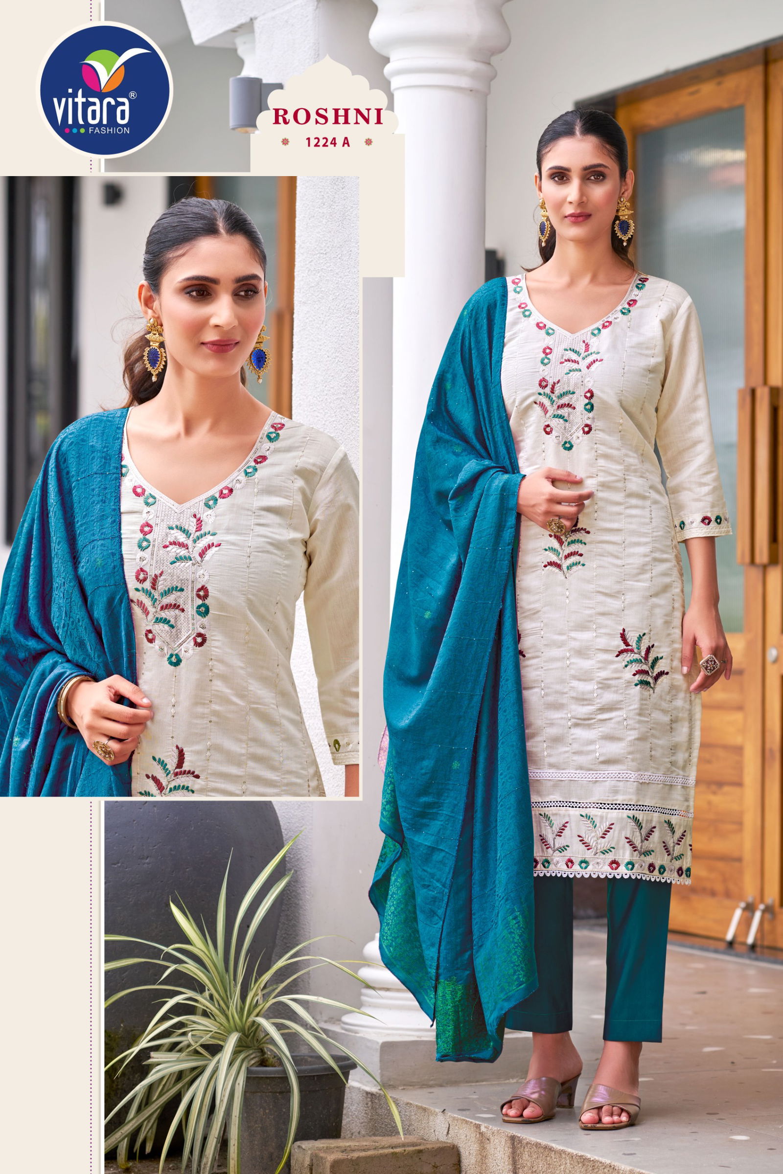 Roshni By Vitara Roman Silk Embroidery Kurti With Bottom Dupatta Wholesale Price In Surat
